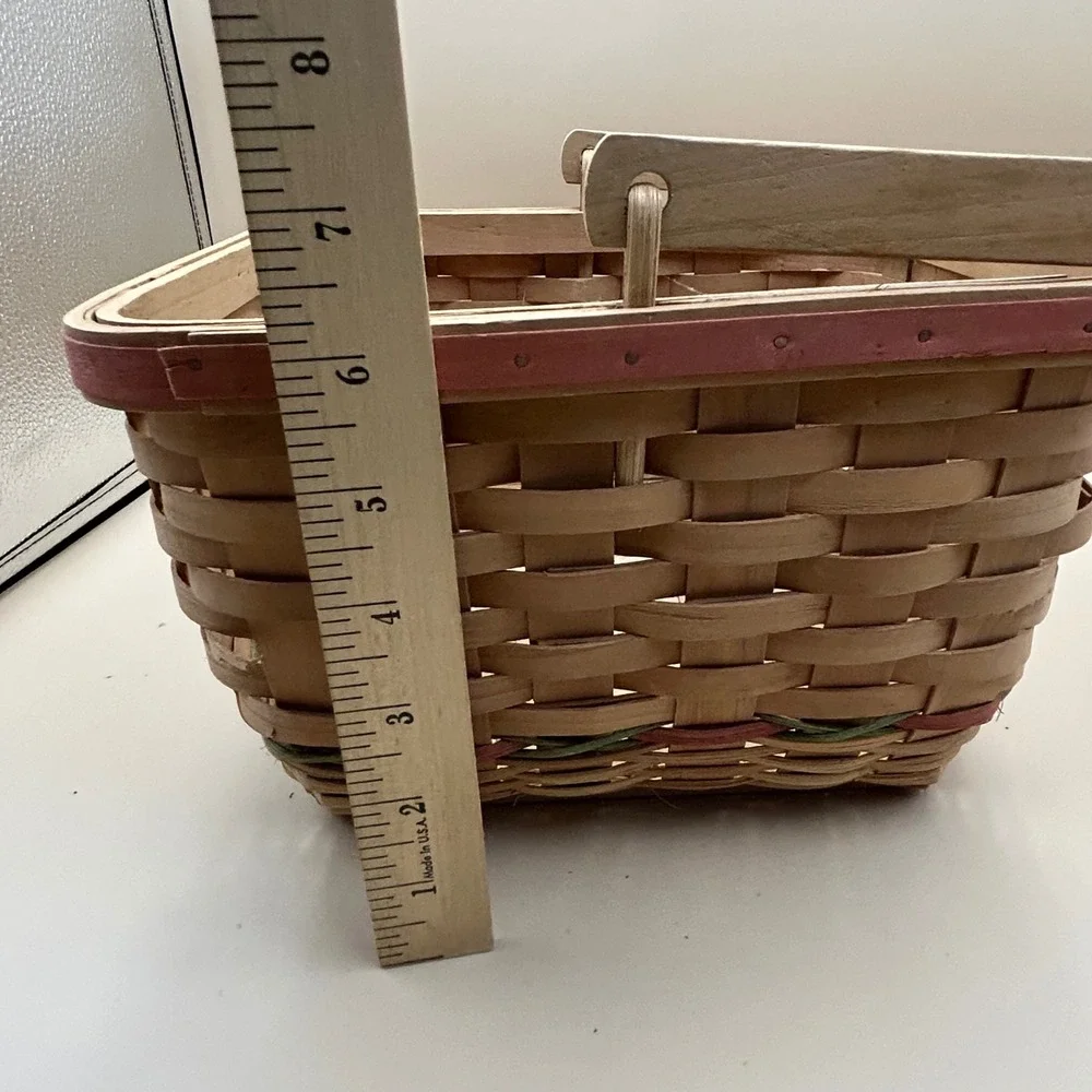 Vintage Farmhouse Woven Wood Basket with Rooster Patch and Swing Handle